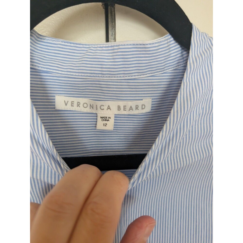 Veronica Beard Greer Stretch Cotton Blue White Striped Blouse Long Sleeve Sz 12 - Picture 8 of 10
